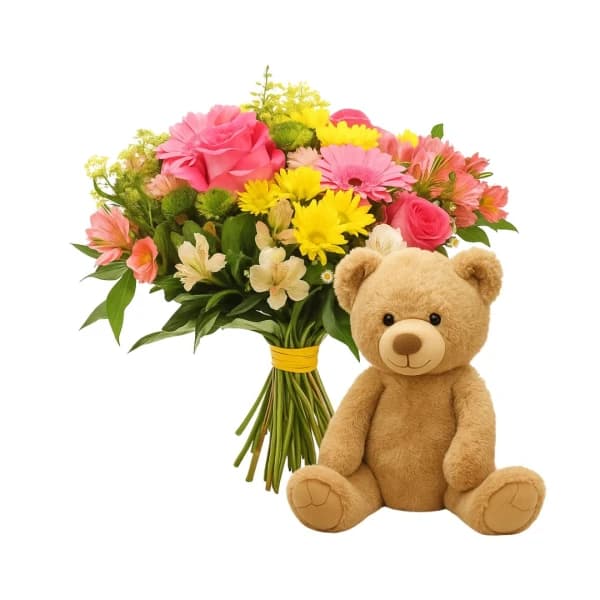 Arranjo de Flores do Campo e Bicho de Pelúcia