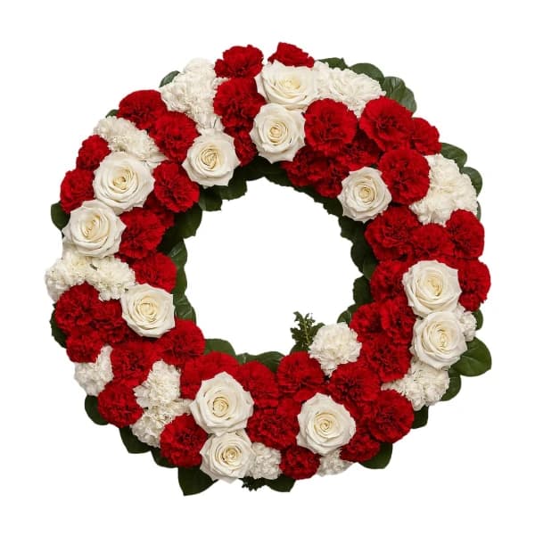 Coroa de Flores com Rosas e Cravos Brancos e Vermelhos