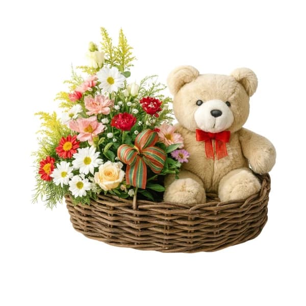 Cesta de Flores do Campo com Pelúcia