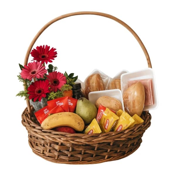 Cesta de Flores de Gérberas e Chá da Tarde