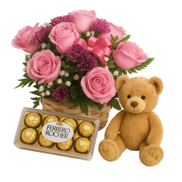 Arranjo de Flores de Rosas e Ferrero Rocher