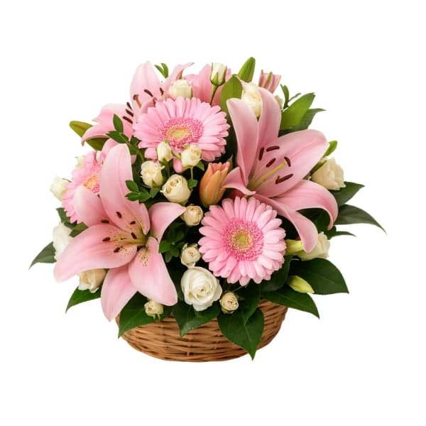 Cesta de Flores de Rosas Lírios e Gérberas Nosso Amor