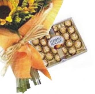 Bouquet de Flores de Girassol com Chocolates Ferrero Rocher