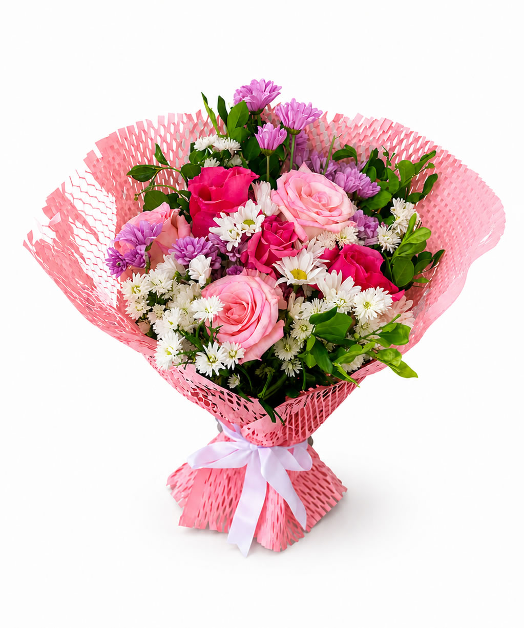 Buquê Encanto Rosa — Rosas, Crisântemos e Margaridas