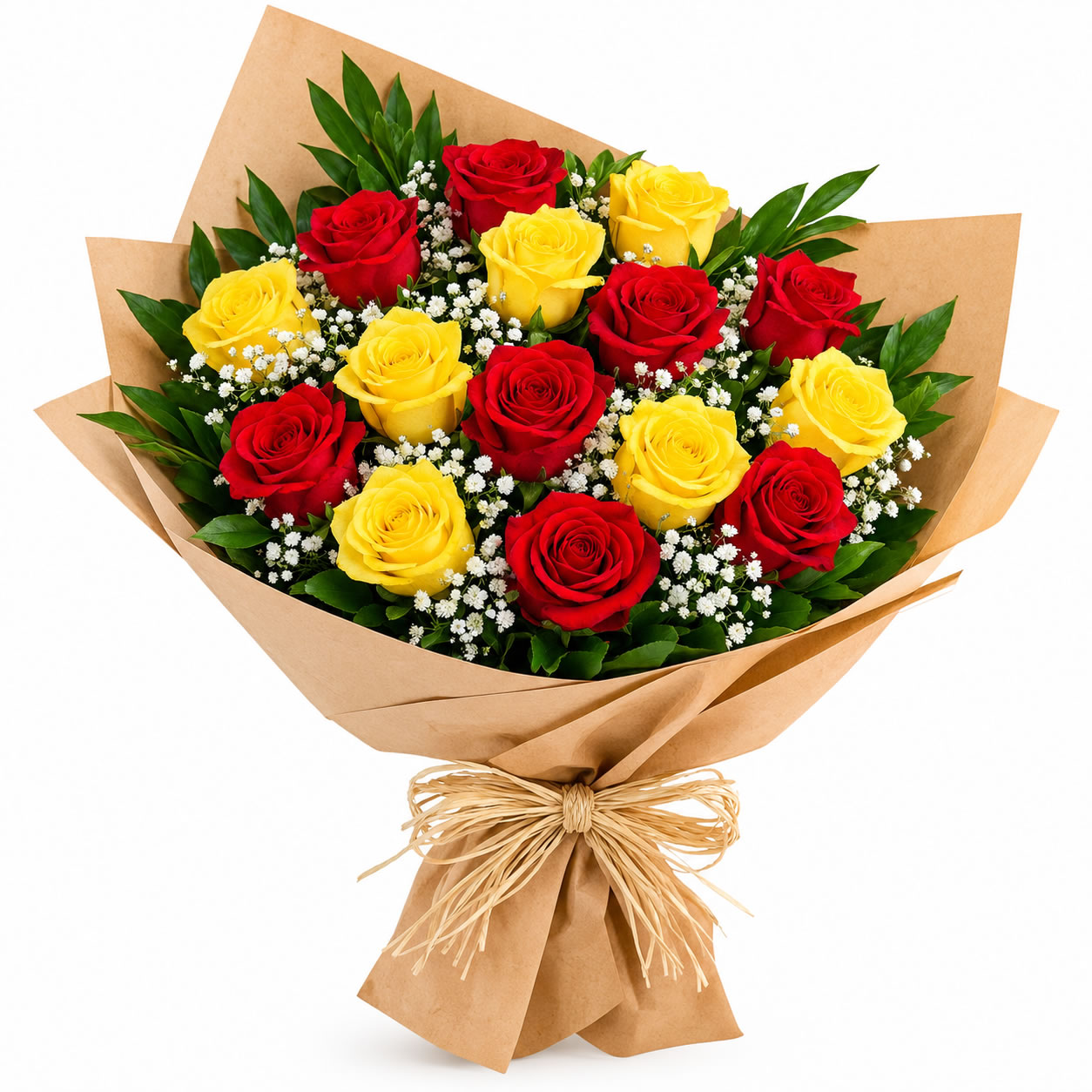 Buquê Cores do Coração com 15 Rosas Vermelhas e Amarelas
