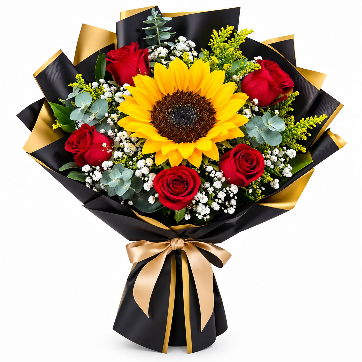 Buquê Sol & Paixão de Girassol com Rosas Vermelhas