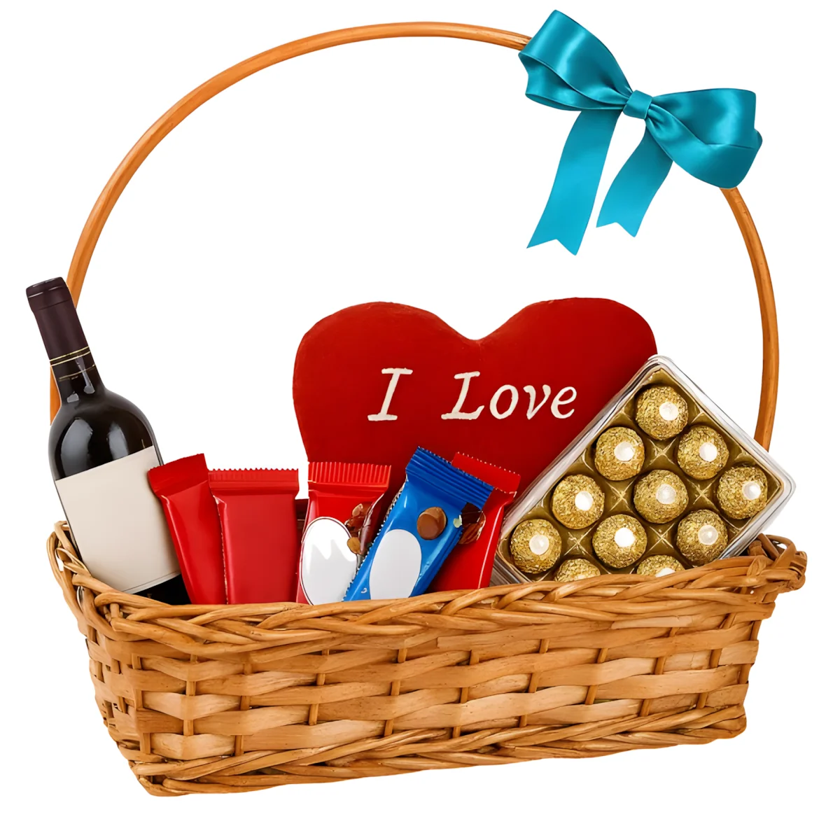 Cesta com Vinho Chocolates e Coração de Pelúcia