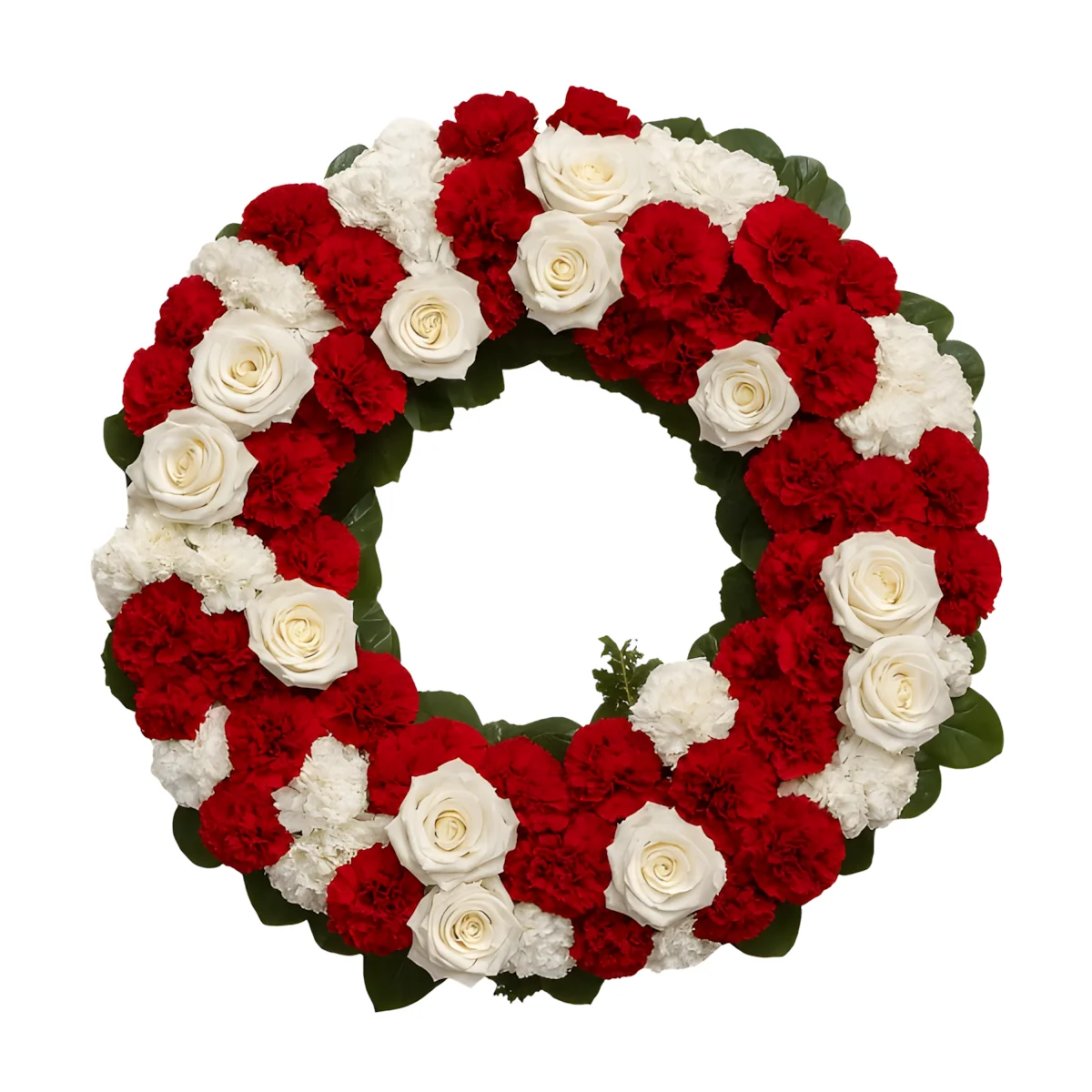 Coroa de Flores com Rosas e Cravos Brancos e Vermelhos