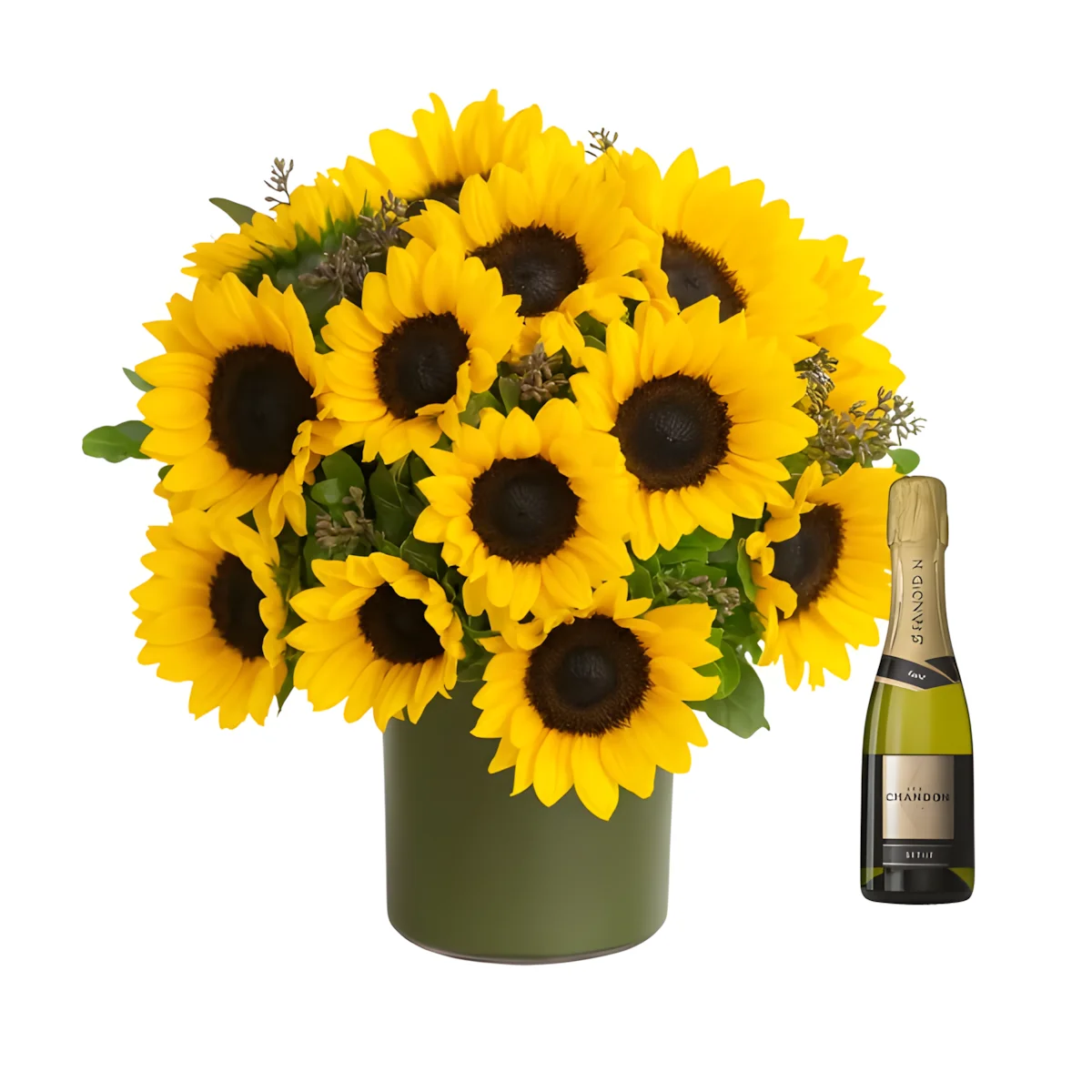 Arranjo de Flores de Girassol e Chandon