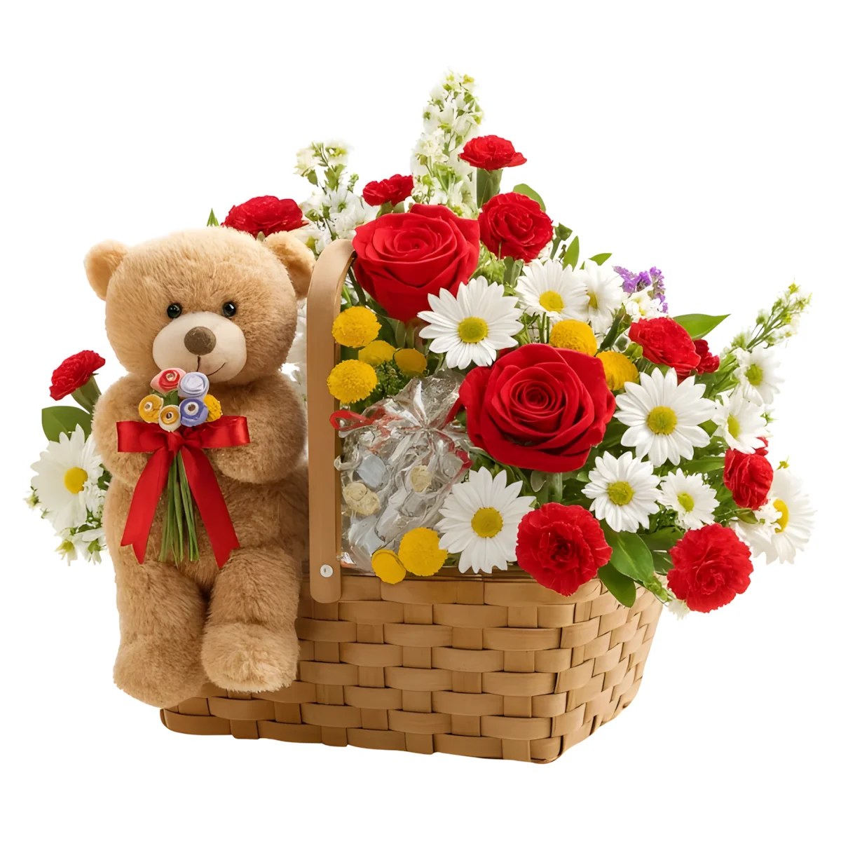 Cesta de Flores de Rosas Vermelhas e Pelúcia