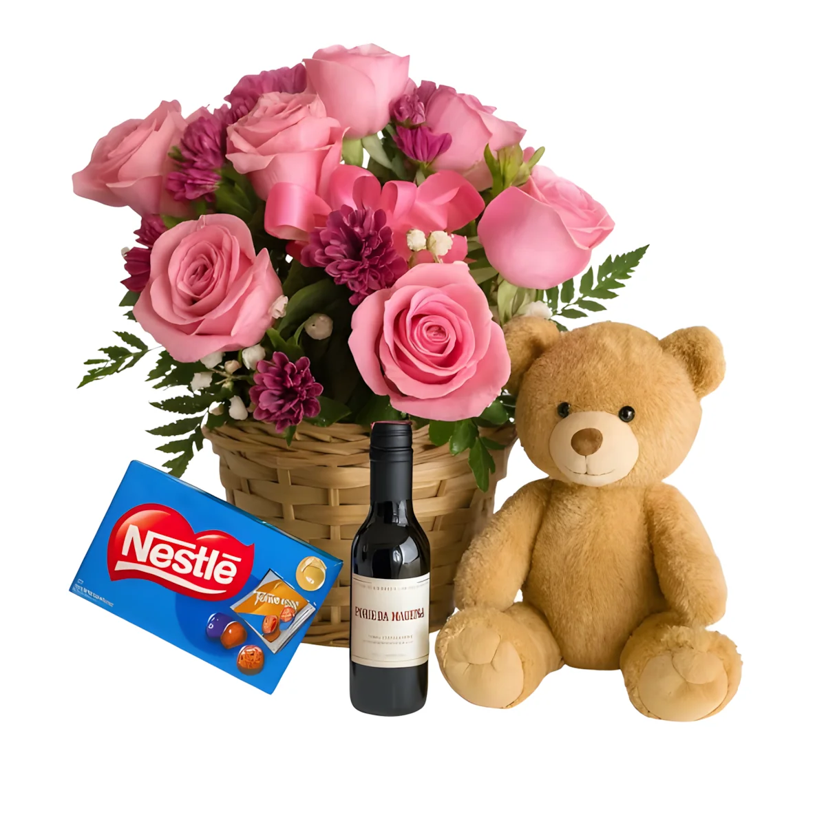 Arranjo de Flores de Rosas Vermelhas Vinho Pelúcia e Bombom