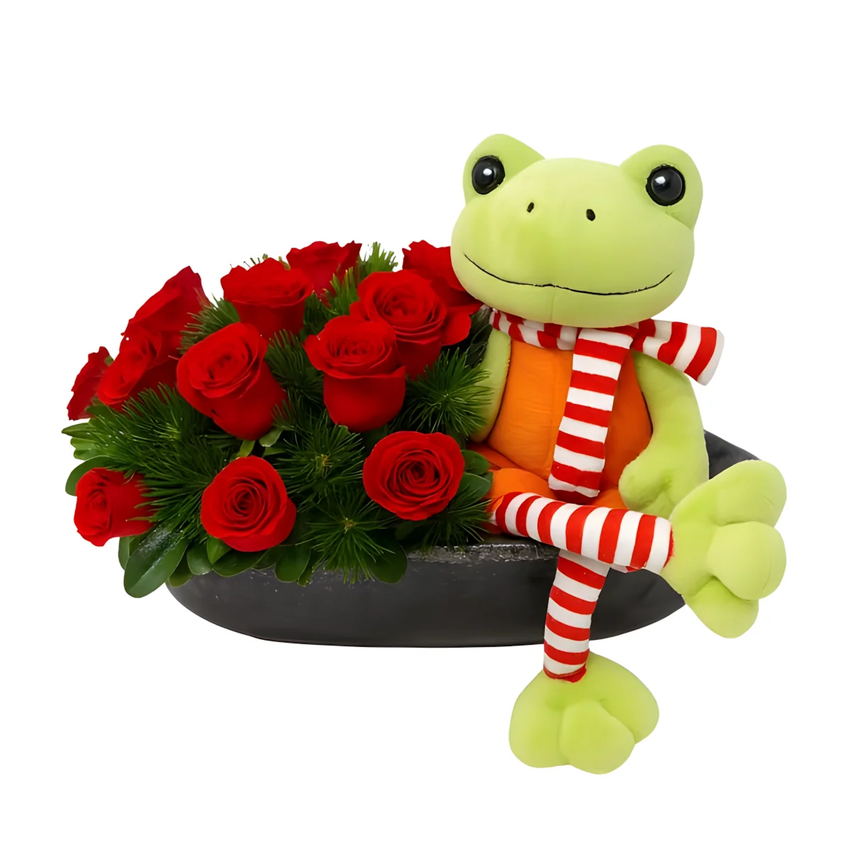 Cesta com Flores de Rosas Vermelhas e Pelúcia