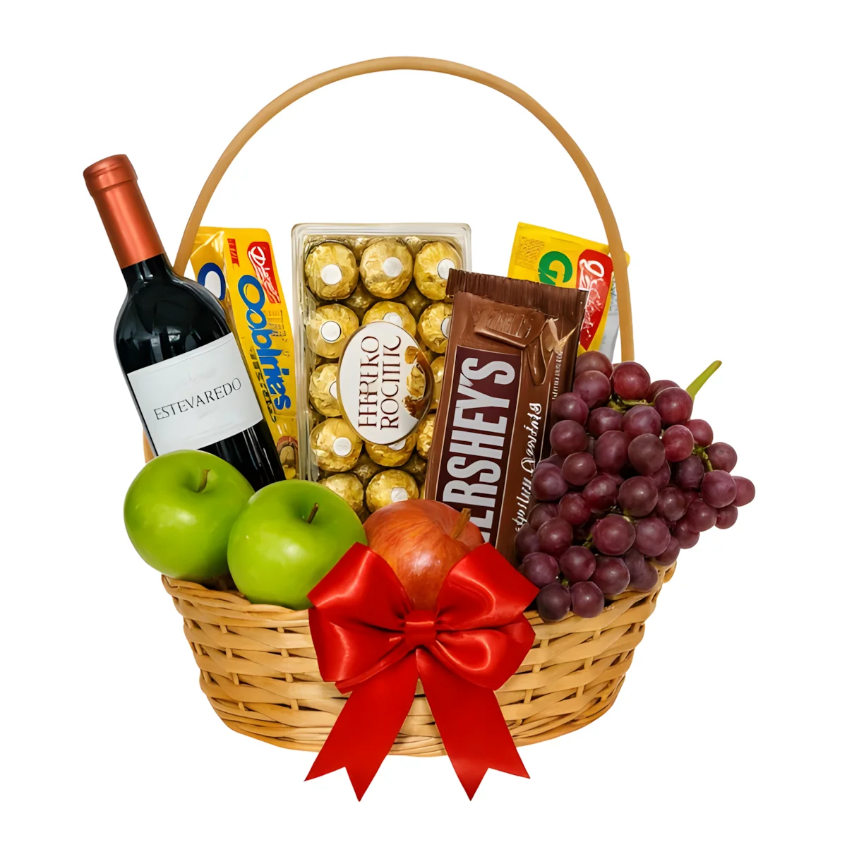 Cesta com Vinho Frutas e Chocolate