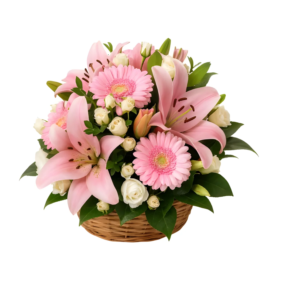 Cesta de Flores de Rosas Lírios e Gérberas Nosso Amor
